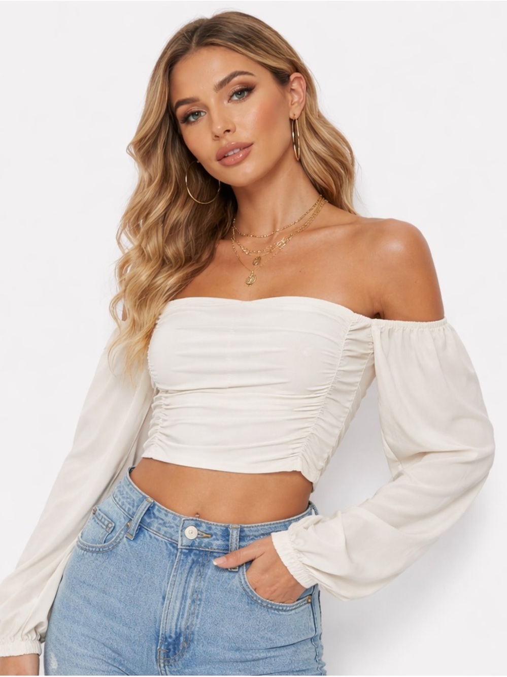 SHEIN Off Shoulder Ruched Crop‎ Top White Long Sleeve Womens XS